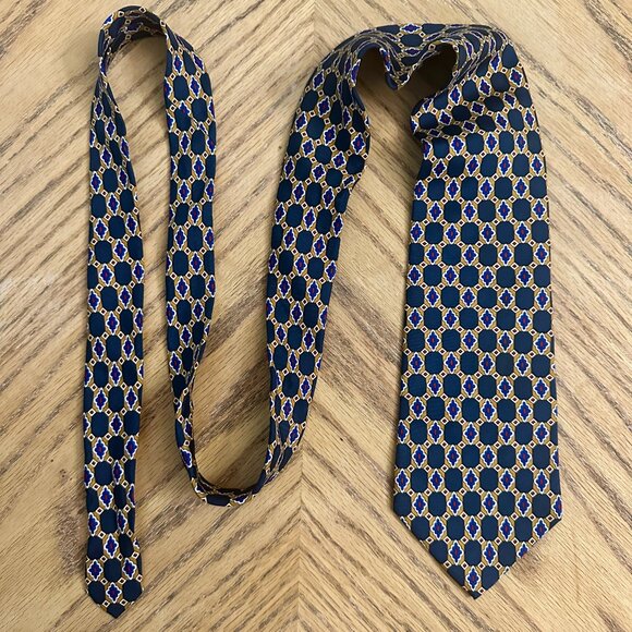 Fashion Neckwear Handmade Silk Necktie Gold Red White Blue Geometric Pattern Tie - Picture 5 of 7